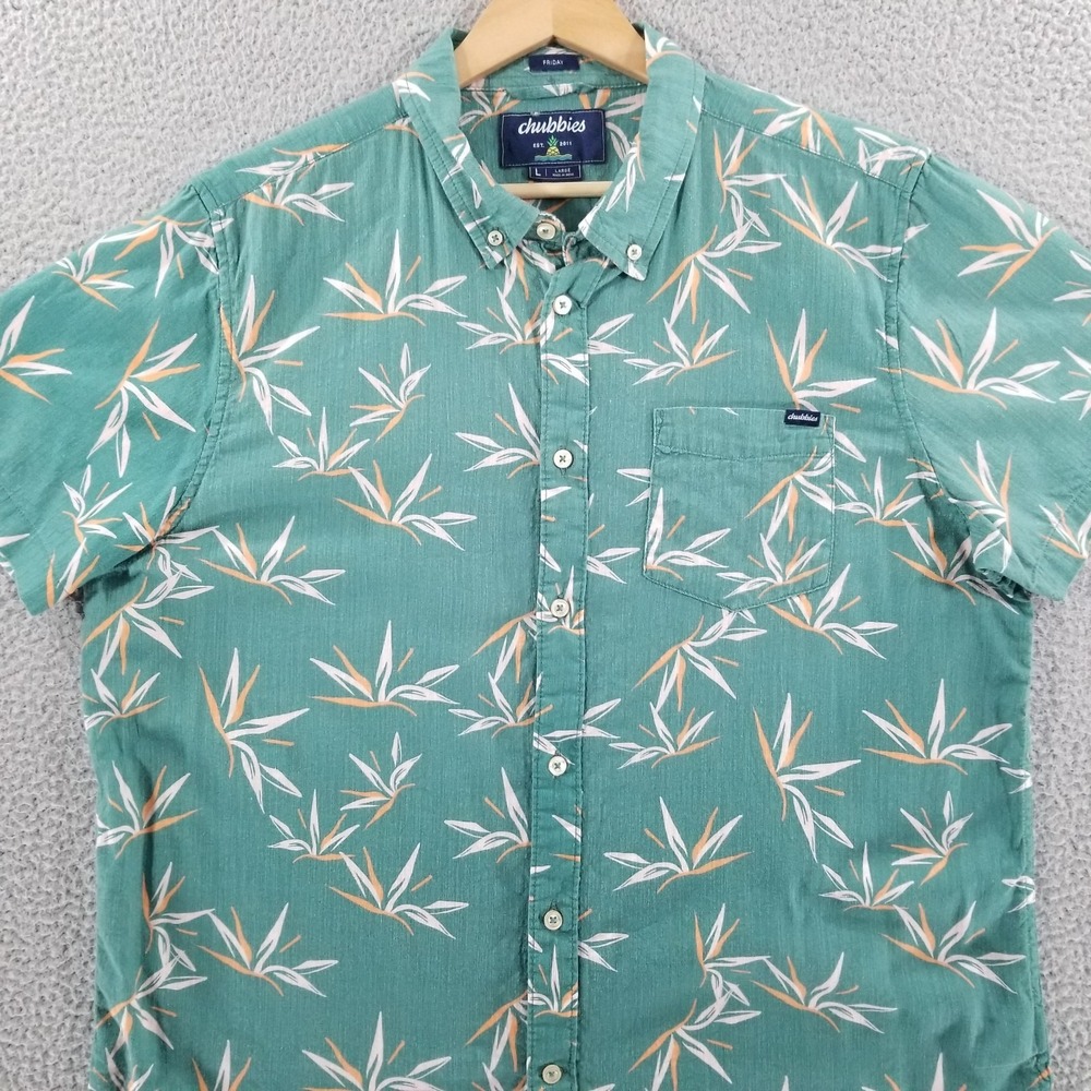 Chubbies Shirt Mens Large Green Friday Tropical Floral Palm Button Down Hawaiian